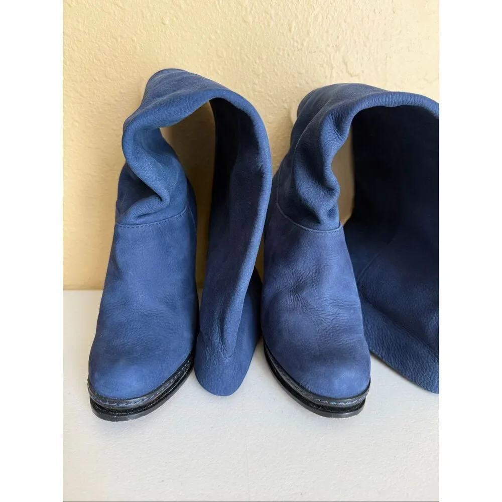 Cole Haan Blue Suede Knee High Boots Size 6B Platform Heel Black Patent